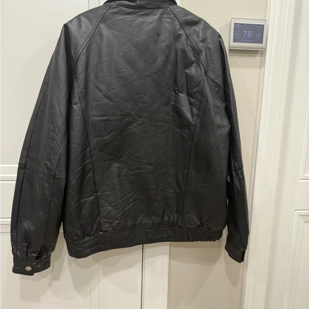 Oscar Piel Black Genuine Leather Bomber Jacket Mens L Lined‎ Collar Zip